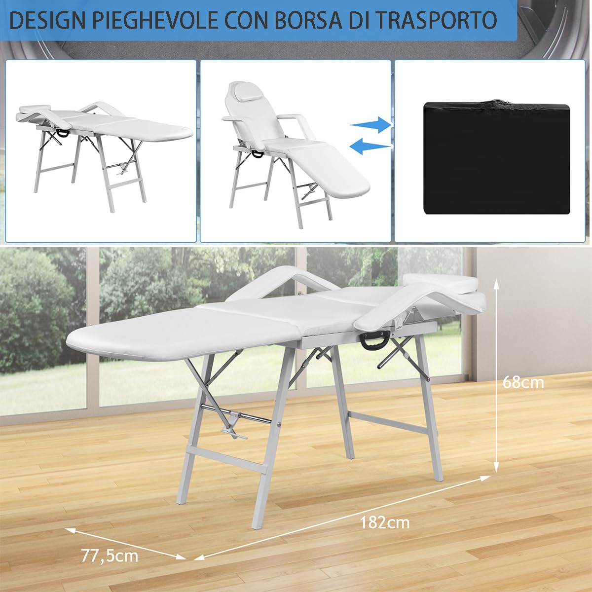 RELAX4LIFE Poltrona Letto da Massaggio, Telaio in Acciaio, Sedia da Estetista Pieghevole e Reclinabile, Lettino per Massaggi Portatile con Borsa di Trasporto, Portata Max 225kg