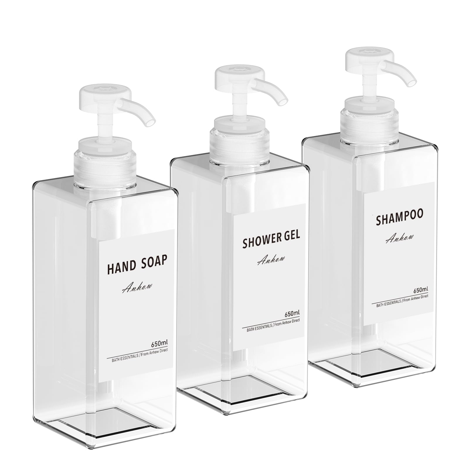 3 szt Dozownik do Mydła, Dozownik Szamponu żel pod Prysznic Dozowników Mydła 650ml Dozownik Mydła do rąk i 12 Sztuk Wodoszczelnych Etykiet na Butelki - Przezroczysty