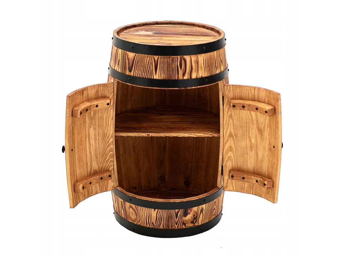 Handgefertigte Holzbar aus Gebürsteter Kiefer – Perfekt für Wein, Whisky, Tequila und Bier | Weinfass Stehtisch mit Tür | Fassbar Weinbar Wine Rack, Alkoholschrank - Verbrannt