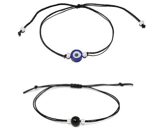 Simran Jewels Evil Eye & Black Bead Anklet Black String Kabbalah Protection Handmade Adjustable Ankle Bracelet For Women Men Girls Teen Boys (PACK OF 2)