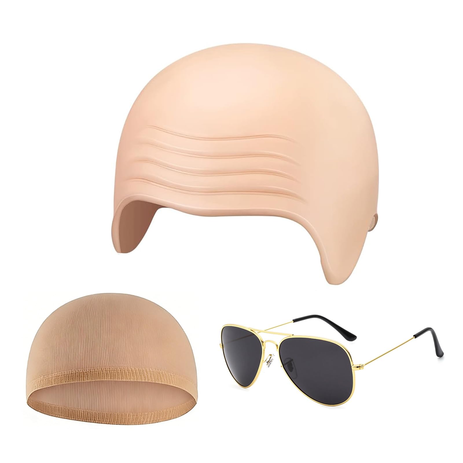 SNXCEUG Adult Bald Cap Set, 3 Pieces with Hair Net, Sunglasses, Realistic Skin Tone Latex Bald Head for Halloween, Costume Parties, Dress Up