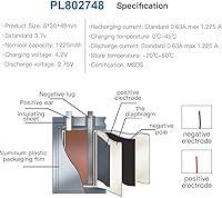 Vista 3 de YDL 3.7V 1225mAh 802748 Lipo batería recargable de iones de polímero de litio con conector PH2.0.000 in JST