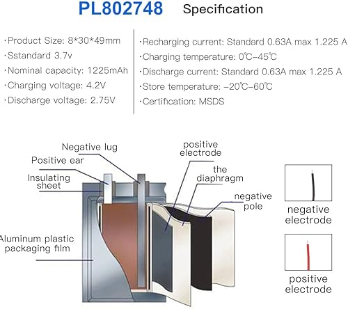 Miniatura 3 de YDL 3.7V 1225mAh 802748 Lipo batería recargable de iones de polímero de litio con conector PH2.0.000 in JST