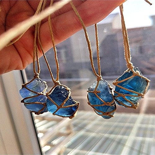 Aitelei 1Pc Natural Raw Blue-Green Fluorite Crystal Pendant Necklace Reiki Chakra Healing Pendant Treatment Stone With Hand-Woven Rope In Random Color #TOP1