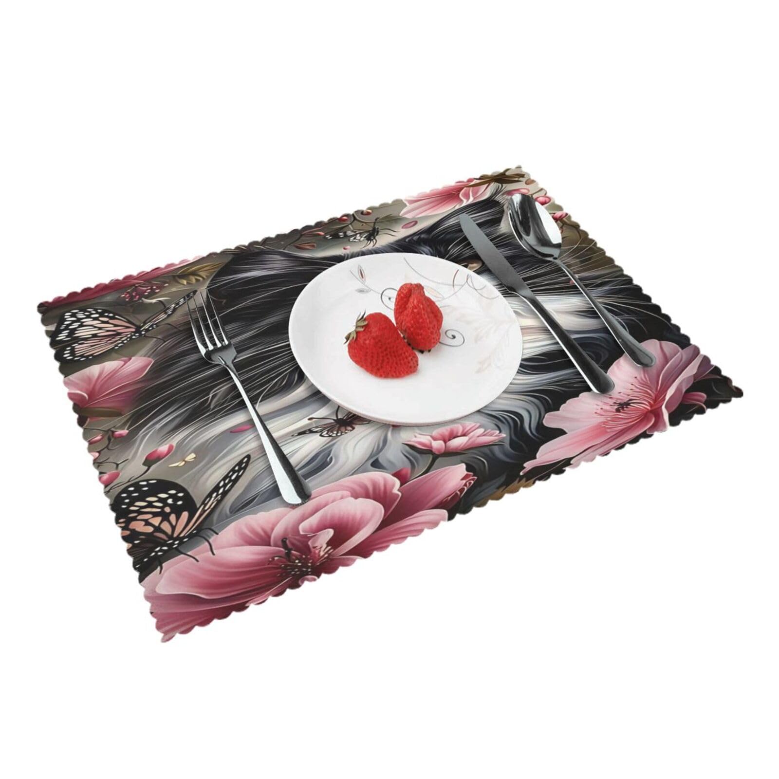 Floral Cat Butterfly Placemats Set of 4 Print Table Mats Place Mats Table Decor for Kitchen Dining 12X18 in