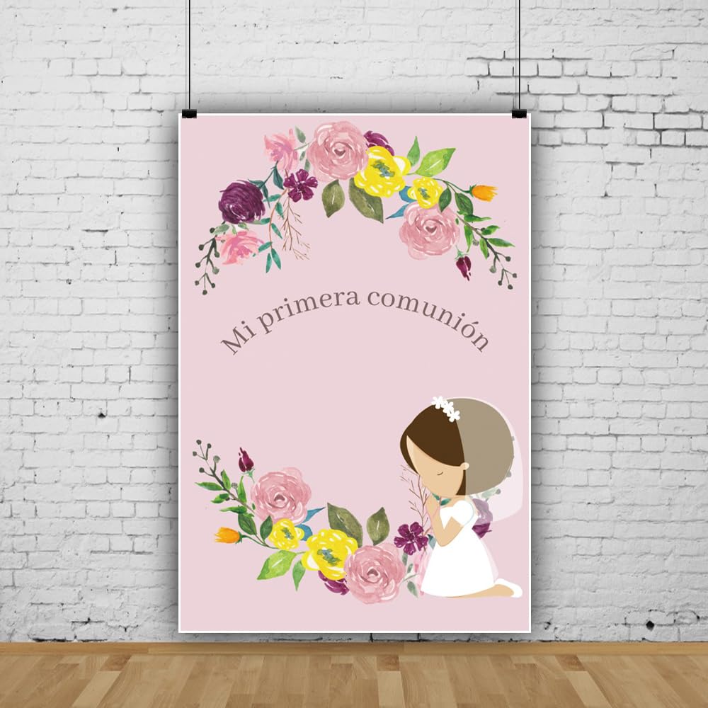 Mi Bautizo tło komunijne 3 x 6 m, motyw Jezusa, krzyż, akwarela, kolorowy, kwitnący bukiet, życzenia, tło fotograficzne na baby shower, baner na przyjęcie urodzinowe dla noworodka