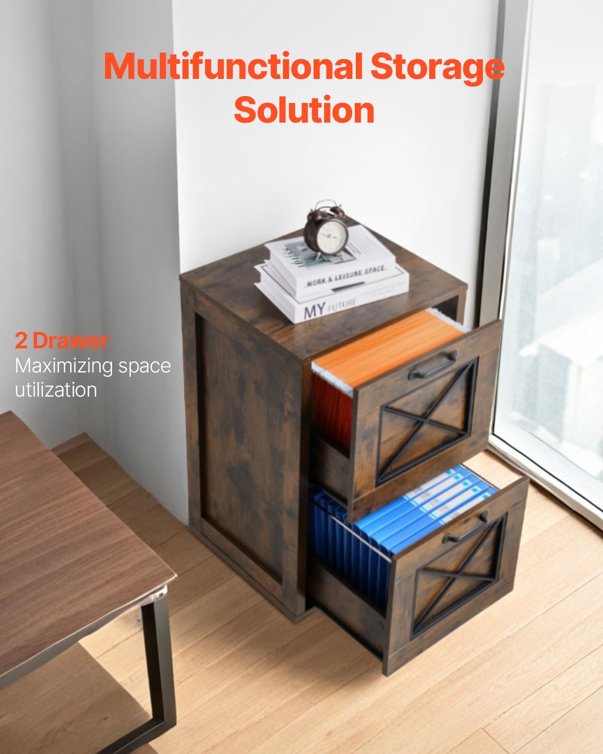 VEVOR Archivador Vertical, Archivador Vertical 450 x 400 x 687 mm de 2 Cajones con Barra de Suspensión Ajustable de 2 Niveles para Archivos de Tamaño A4/Carta/Legal para Oficina, Marrón Miel