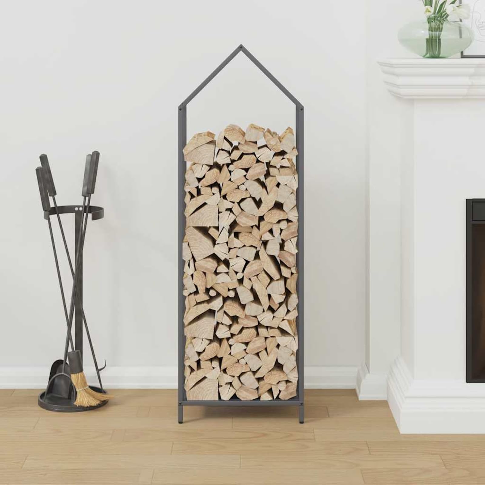 Regał na drewno opałowe ze stali walcowanej na zimno (nośność 100 kg) – antracytowy, 40 x 25 x 120 cm, wytrzymały magazyn na drewno kominkowe do salonu, garażu i domku ogrodowego – łatwy montaż i