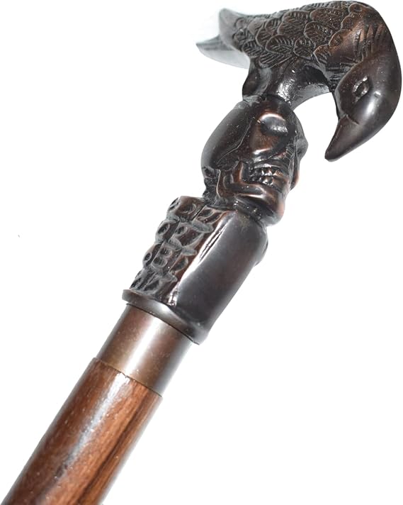 Antique Eagle Head Wooden Walking Stick | Durable Wood & Metal Support Cane | Comfortable Grip | Classic Vintage Style Gift for Everyday Use