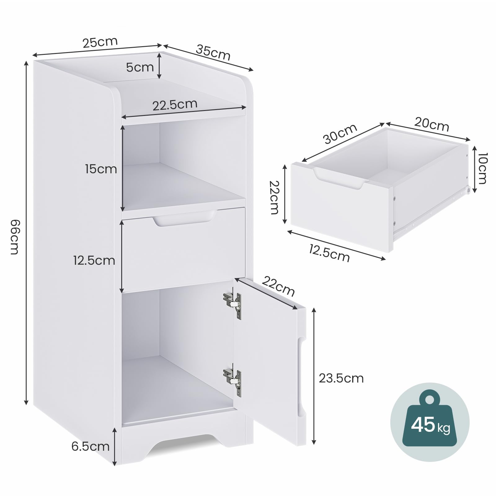 Brinlawb Comodino stretto, comodino con 1 scomparto aperto, 1 cassetto e 1 armadio con anta, tavolino sottile per soggiorno, camera da letto, perfetto per piccoli angoli, bianco