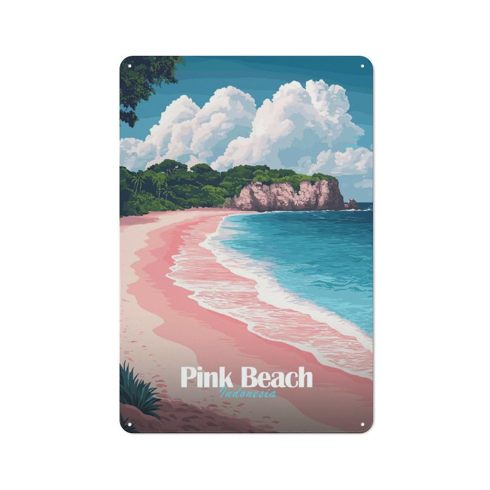 Junmoney Style-22 30X20cm Rustic Tin Sign With Pink Beach Indonesia For Home Office Or Studio, For Metal Sign Collectors, For Garage And Workshop Walls