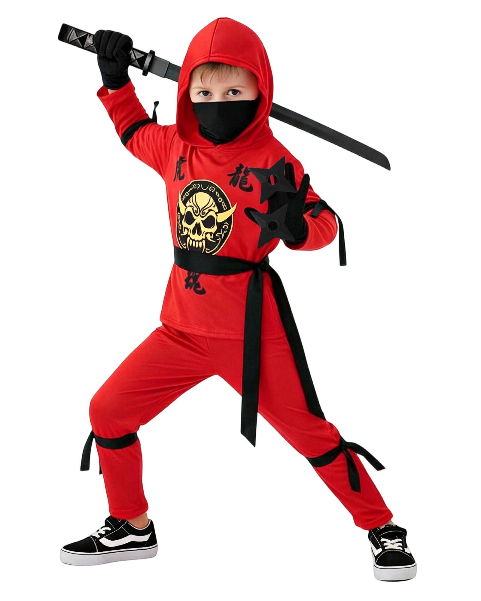 Dtiaagto Red Ninja Costume with Hood Pants Sashes and Toy Sword for Kids for Halloween, Cosplay Parties Ages 2-4