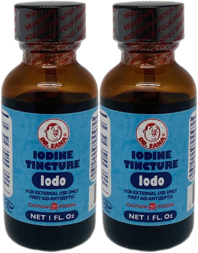 Dr Sana Iodine Tincture. First Aid Antiseptic. Prevents Infection in Minor Scrapes, Cuts, Bruises and Burns. 1 fl.oz. Pack of 2