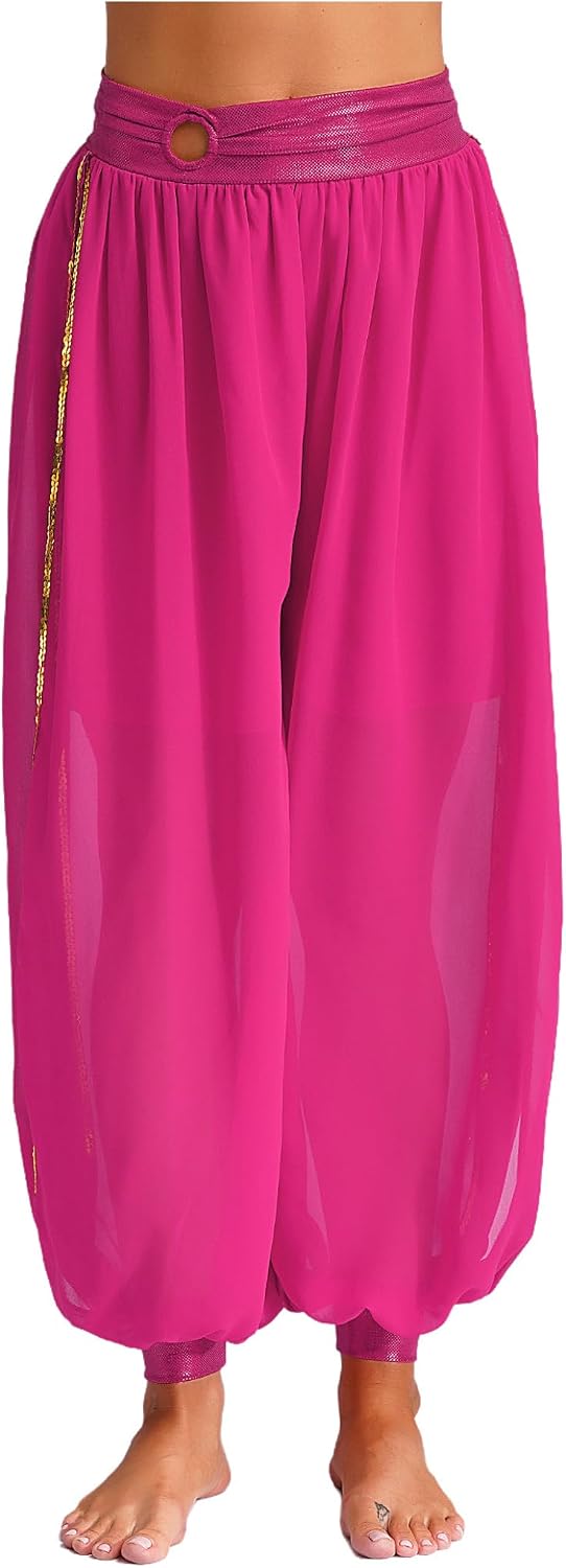 Women Arabic Dance Performance Costume Shiny Sequin Belly Dance Pants Chiffon Side Split Pants