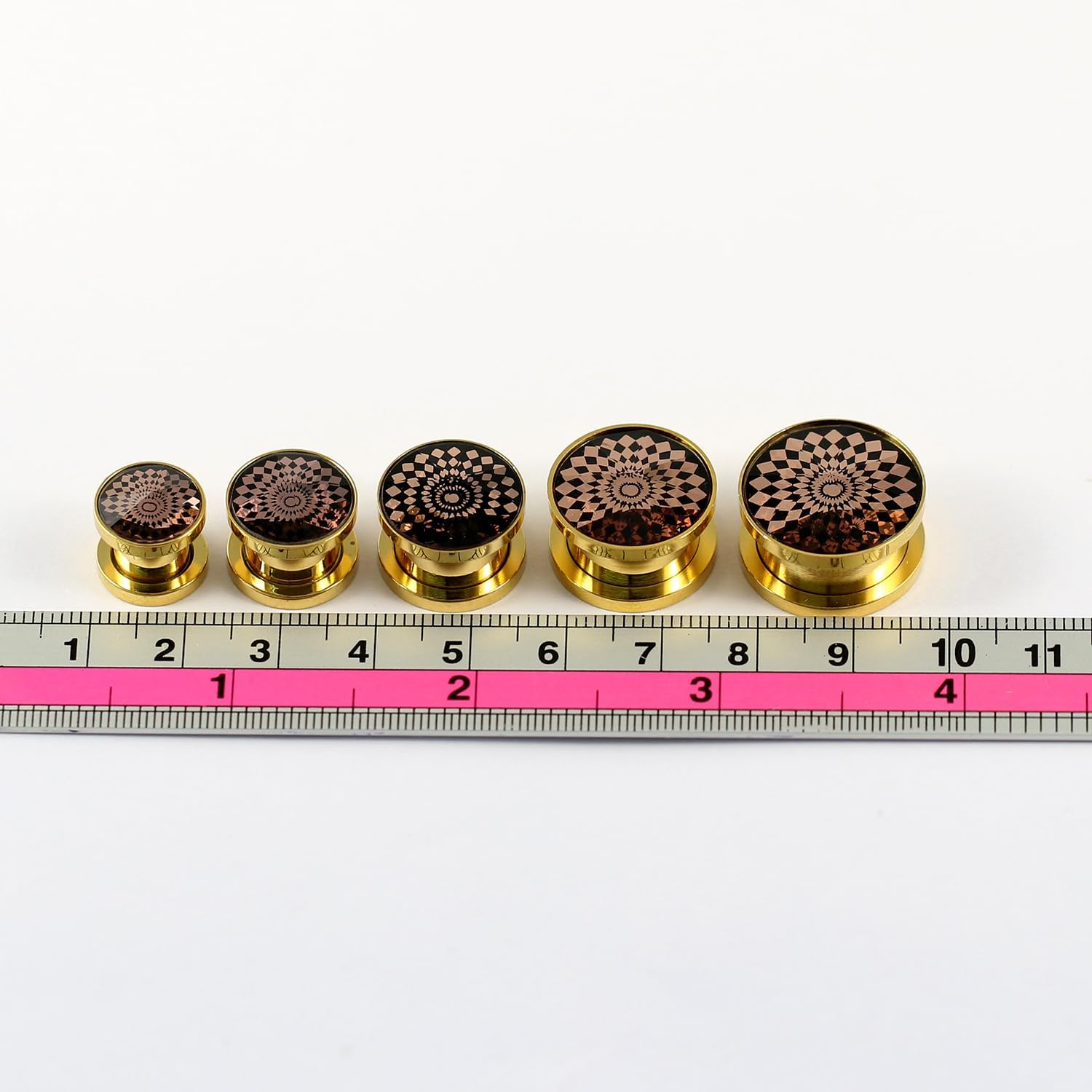 Black & White Diamond Design on Glass Top Gold Anodized 316L Surgical Steel Ear Gauge Flesh Tunnel - Stretching - Ear Piercing Body Piercing Jewelry