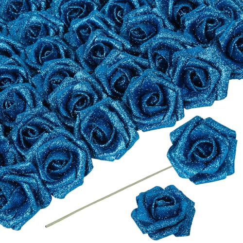 ICBOX Blue Roses Artificial Flowers 30 PCS 2.17 in Glitter Roses Foam Flowers Glitter Flowers with Stem for DIY Wedding Bridal Bouquet Party Centerpieces Decor(Blue)