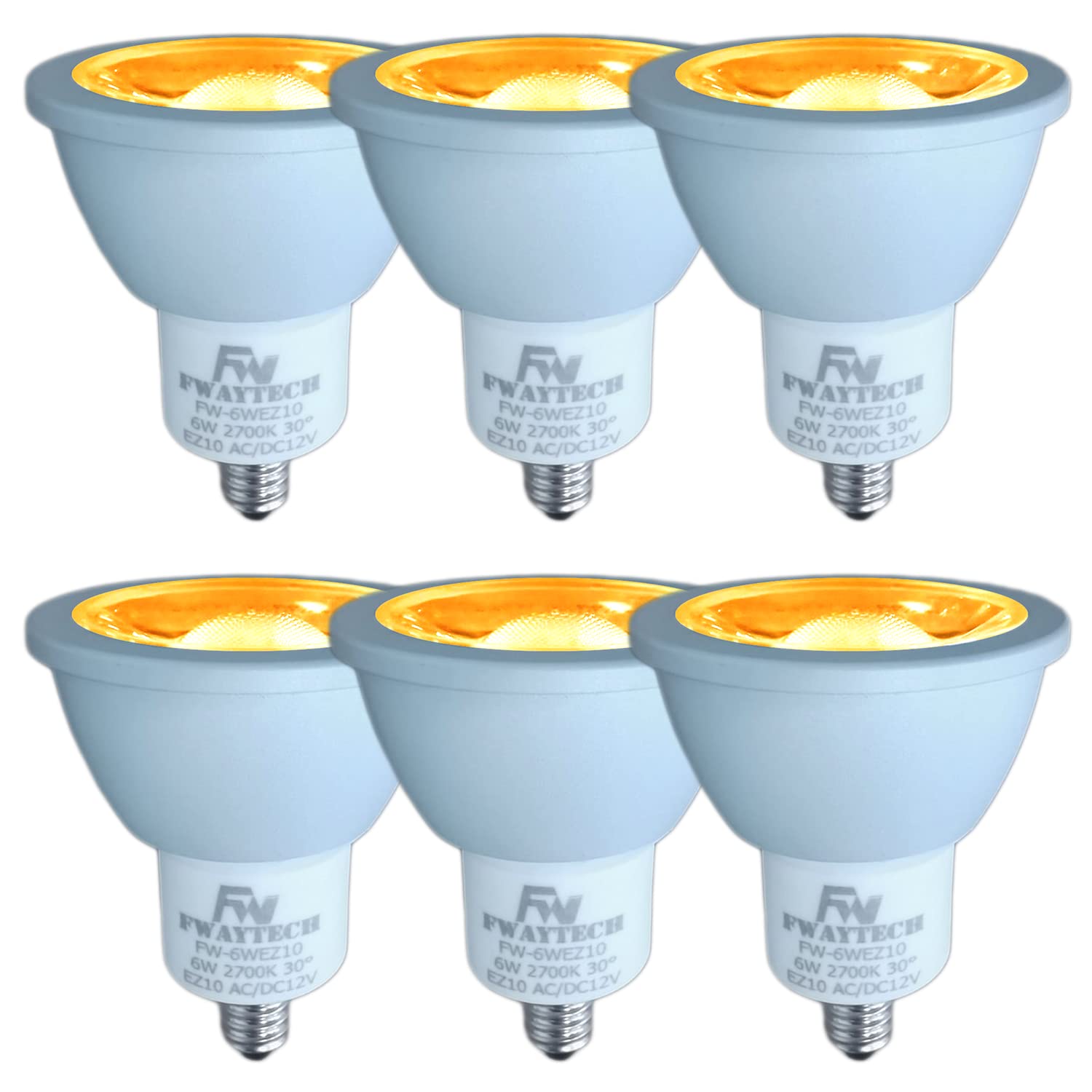 FWAYTECH LEDハロゲン電球 ez10口金 COB6W jr12v50w LEDスポットライト12V ダイクロハロゲンランプ50W～60W相当 密閉器具対応 (電球色相当(2700K), 6W EZ10口金 30度(6個))