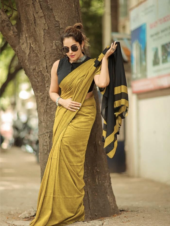 Image of Women's Cotton Woven Soft Sarees With Attach Blouse Piece.