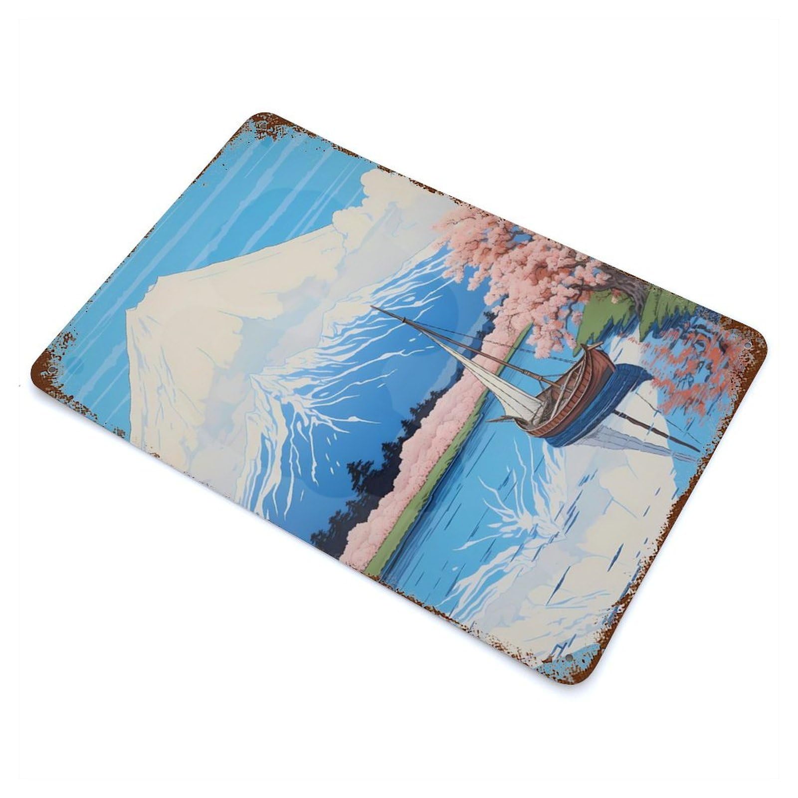 Fuji Mountain with Lake Distressed Metal Wall Sign 11.8"x7.9", Ideal for Garage, Bar And Workshop Decor