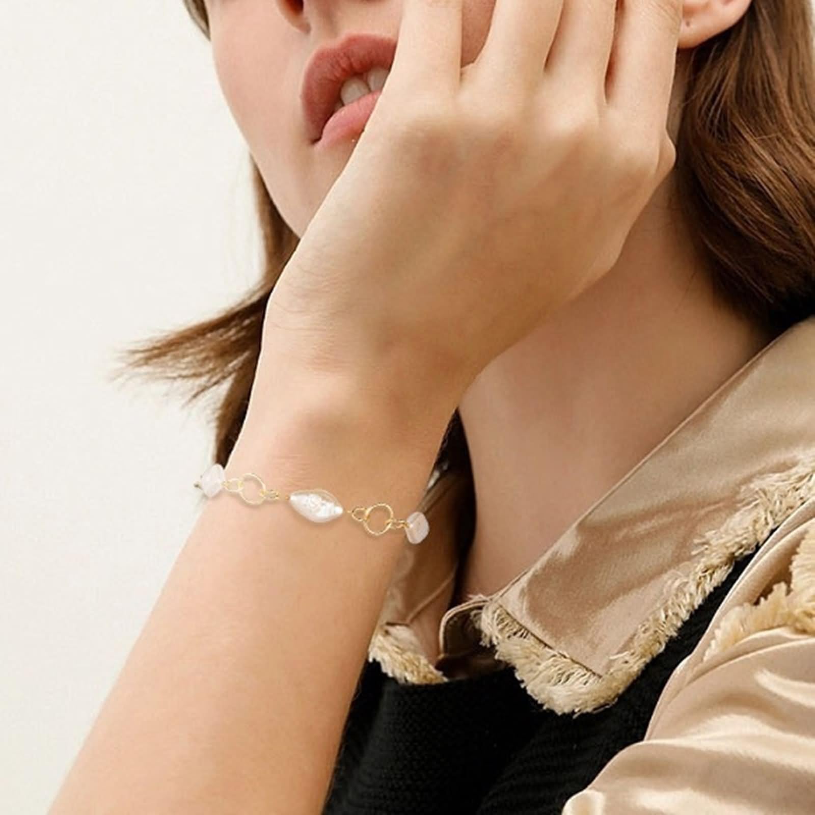 Pulsera la Amistad Oro, Pulsera Plata Ley Mujer Pulsera Amigos Perlas Irregulares 18+5cm