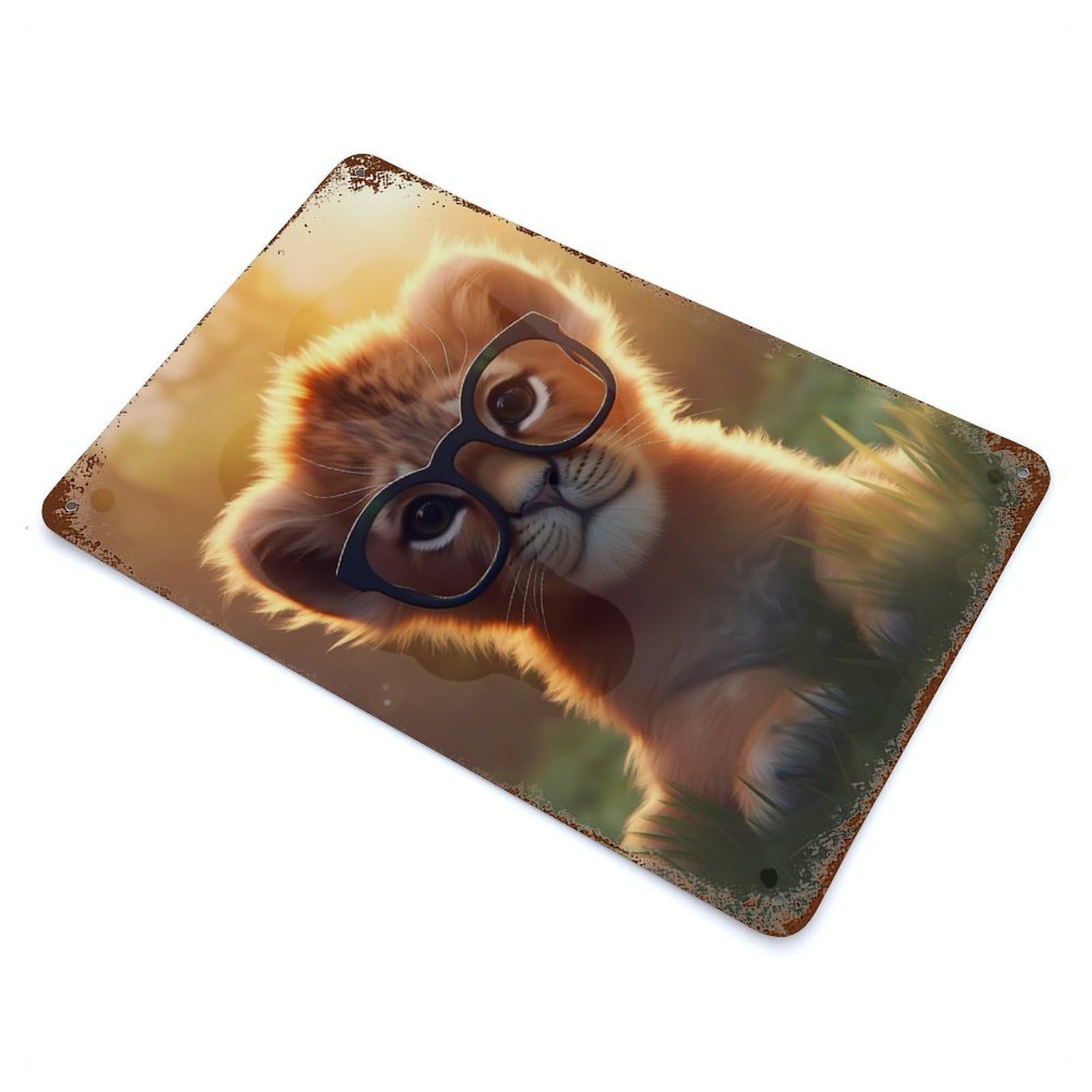 Cute Lion Read Glasses Weathered Tin Sign 11.8"x7.9", Shabby Chic Decor for Garage, Pub Or Kitchen