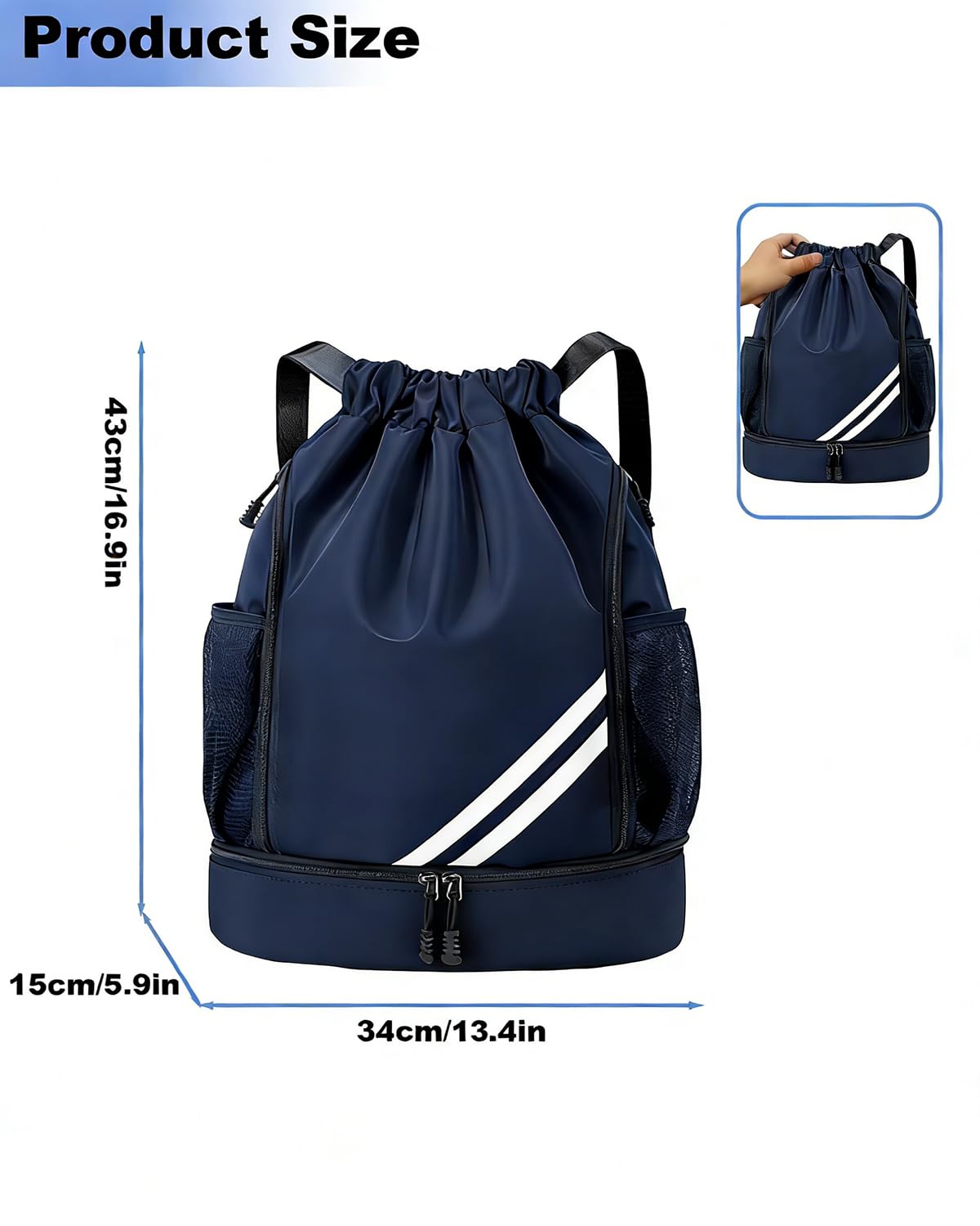 Bleu Marine Sac a Dos de Sport étanche Pliable, Sac de Sport Homme Femme et Enfants, Avec Compartiment à Chaussures Séparé, Poche Principale et Intérieure, Sacs de Gym Pour Voyage Gym Plage Piscine
