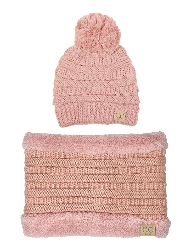 Image of Funky Junque Kids Winter Fleece Lined Neck Warmer Ribbed Knit Pom Pom Winter Beanie Bundle Cold Weather Gaiter Toddler