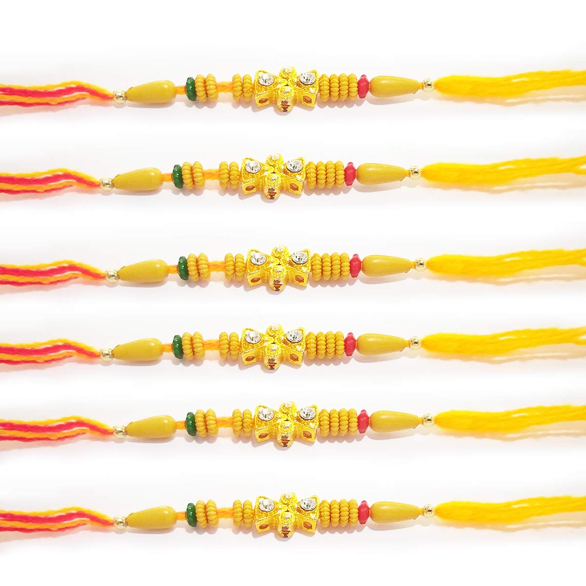 WhopperIndia Set of 6 Designer Traditional Rakhi with 2 Diamond and Beads Best Handmade Rakhi for Loving Brother/Sibling/Bhai Bracelet for Bhai Bhaiya, Indian Rakhi Raksha Bandhan Festival