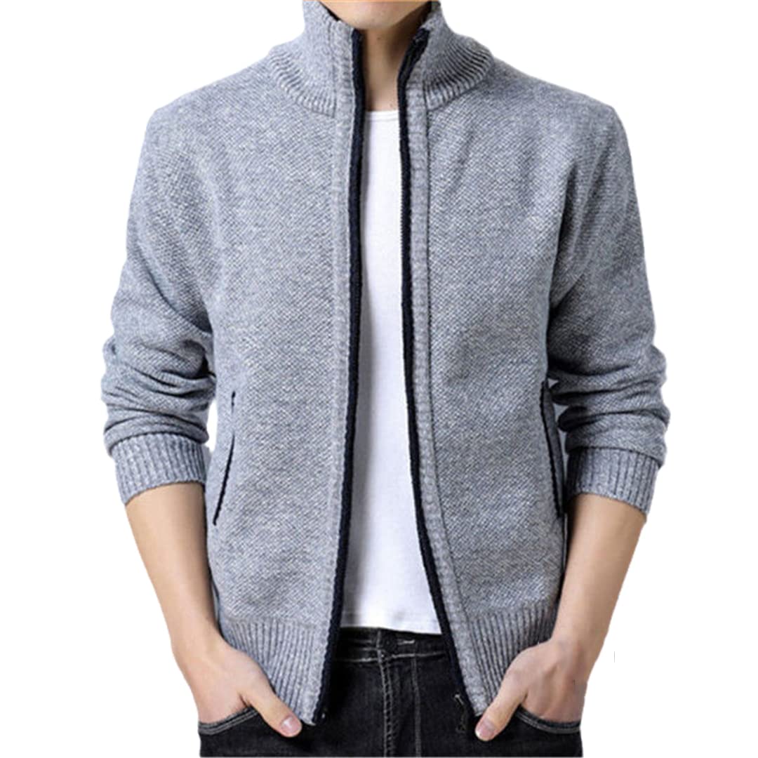 Vogrtcc Chaqueta térmica de punto Otoño/Invierno de los hombres Suéter de punto con cremallera Chaqueta casual Plus Size, Light Gray, XL