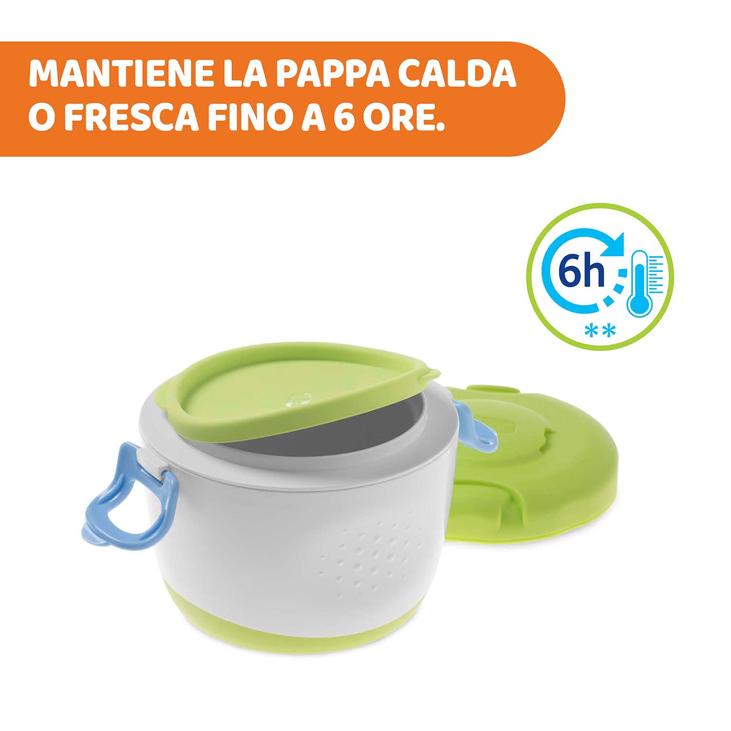 Chicco Thermos Portapappa System Easy Meal 350 ml Mantiene temperatura 6 ore Alimenti caldi freddi Contenitore 180 ml Cucchiaio Viaggio Verde