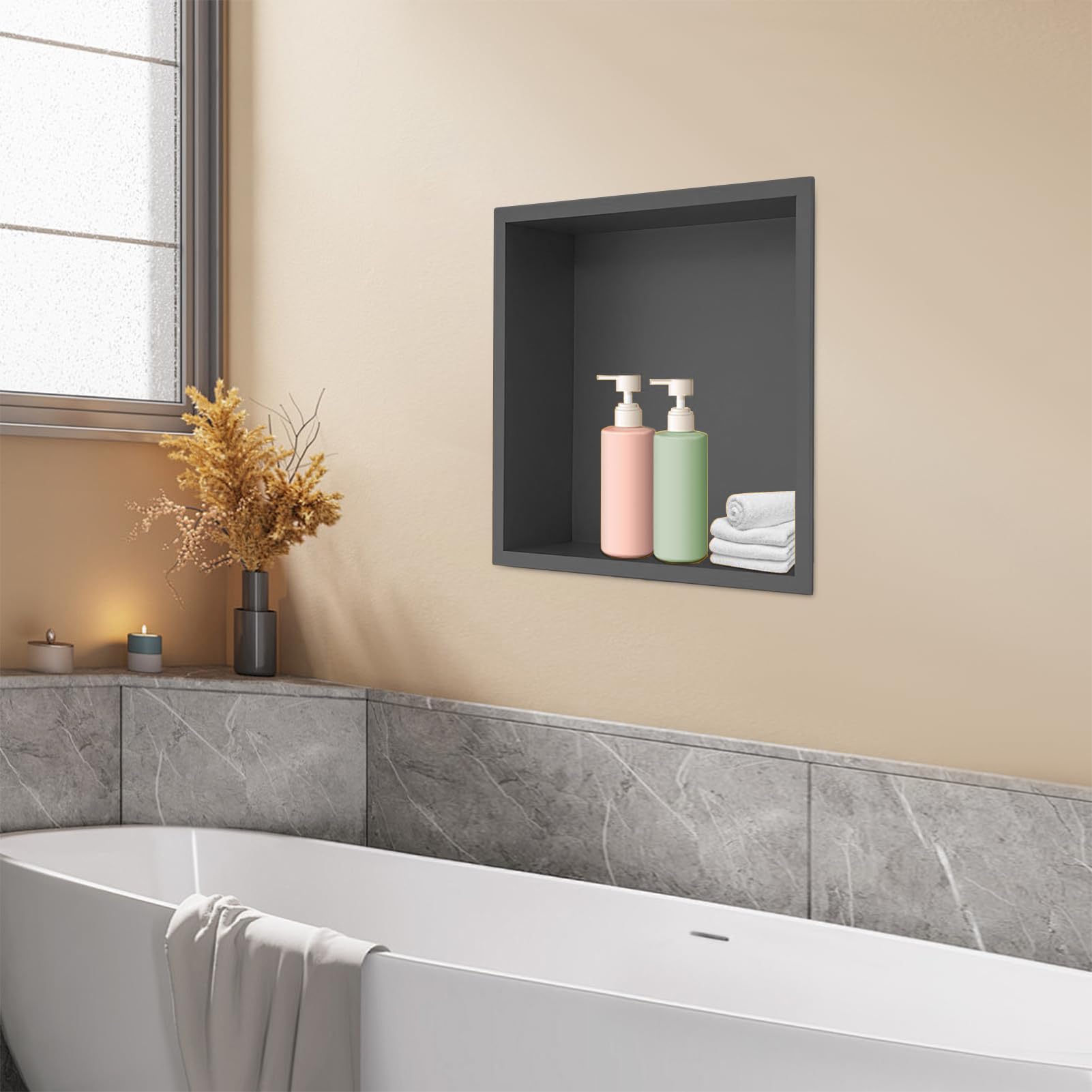 Estante de almacenamiento cuadrado de un solo compartimento montado en la pared, no necesita azulejos, estante de almacenamiento empotrado de acero inoxidable para baño y dormitorio