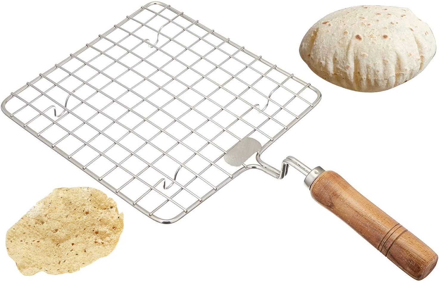LMR3 Wooden Handle with Roasting Net, Papad Jali,Roti Grill,Chapati Grill (Square -roaster with chimts)
