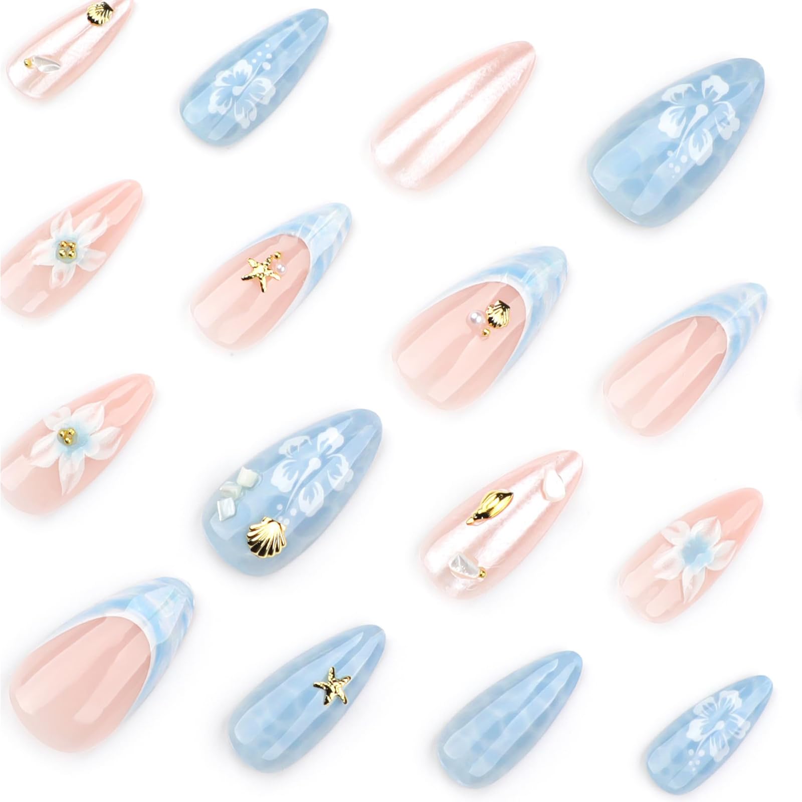 Muorruo 24 Pieces Summer Blue 3D Star Flower Press-On Nails, Almond Medium - Image 4