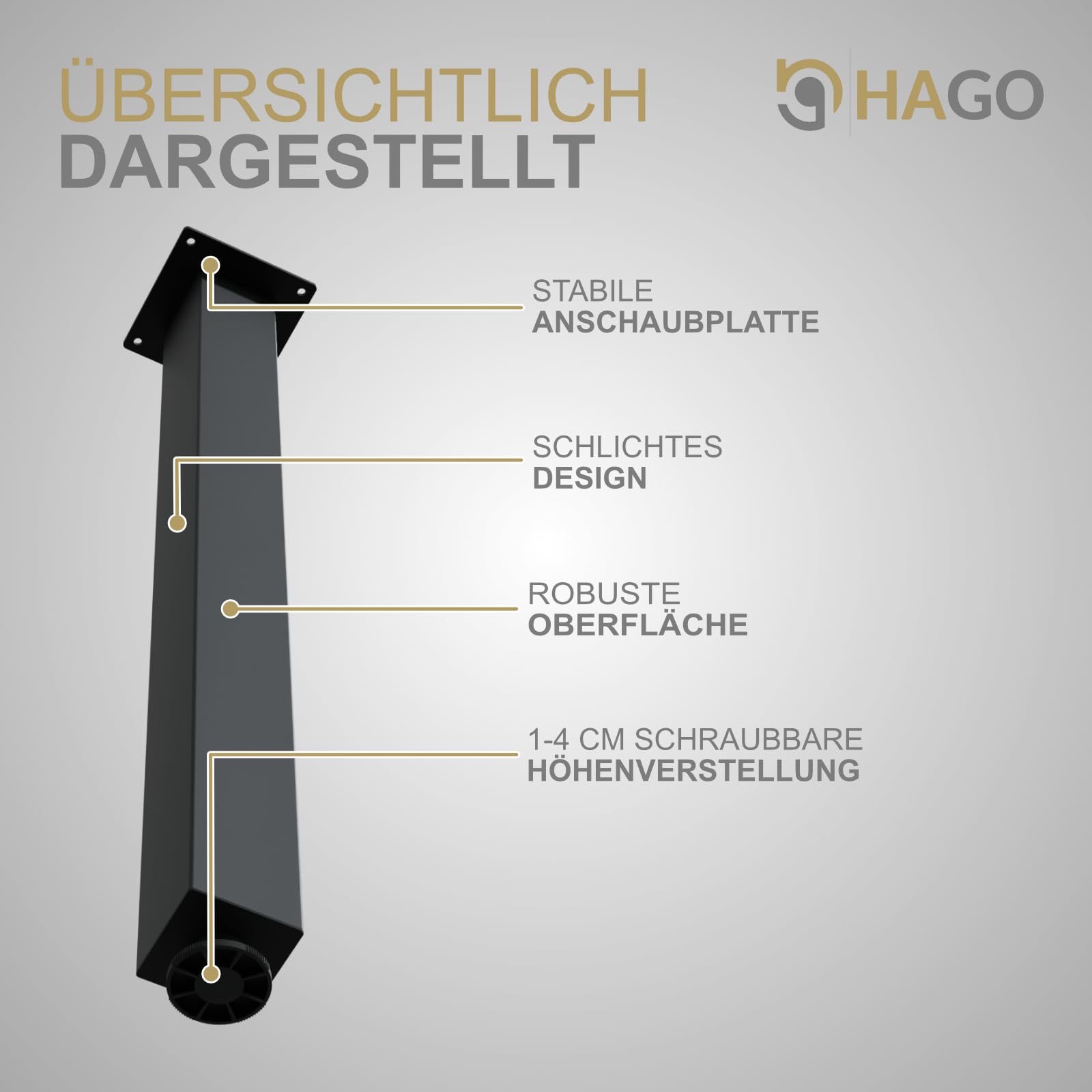 HAGO24 | Tischbeine 4er Set | höhenverstellbar | 90cm | 8x8cm | Couchtischbank | DIY Möbelfuß | Stahl | Schwarz | Schraubfüße | Montageplatte | 500kg