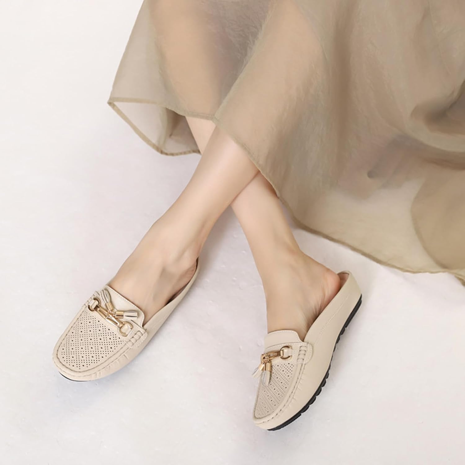 Women's Leather Tassel Metal Buckle Mules Casual Comfortable Round Toe Backless Slip On Flat Moccasin Clogs Lightweight Daily Work Office Walking Slides