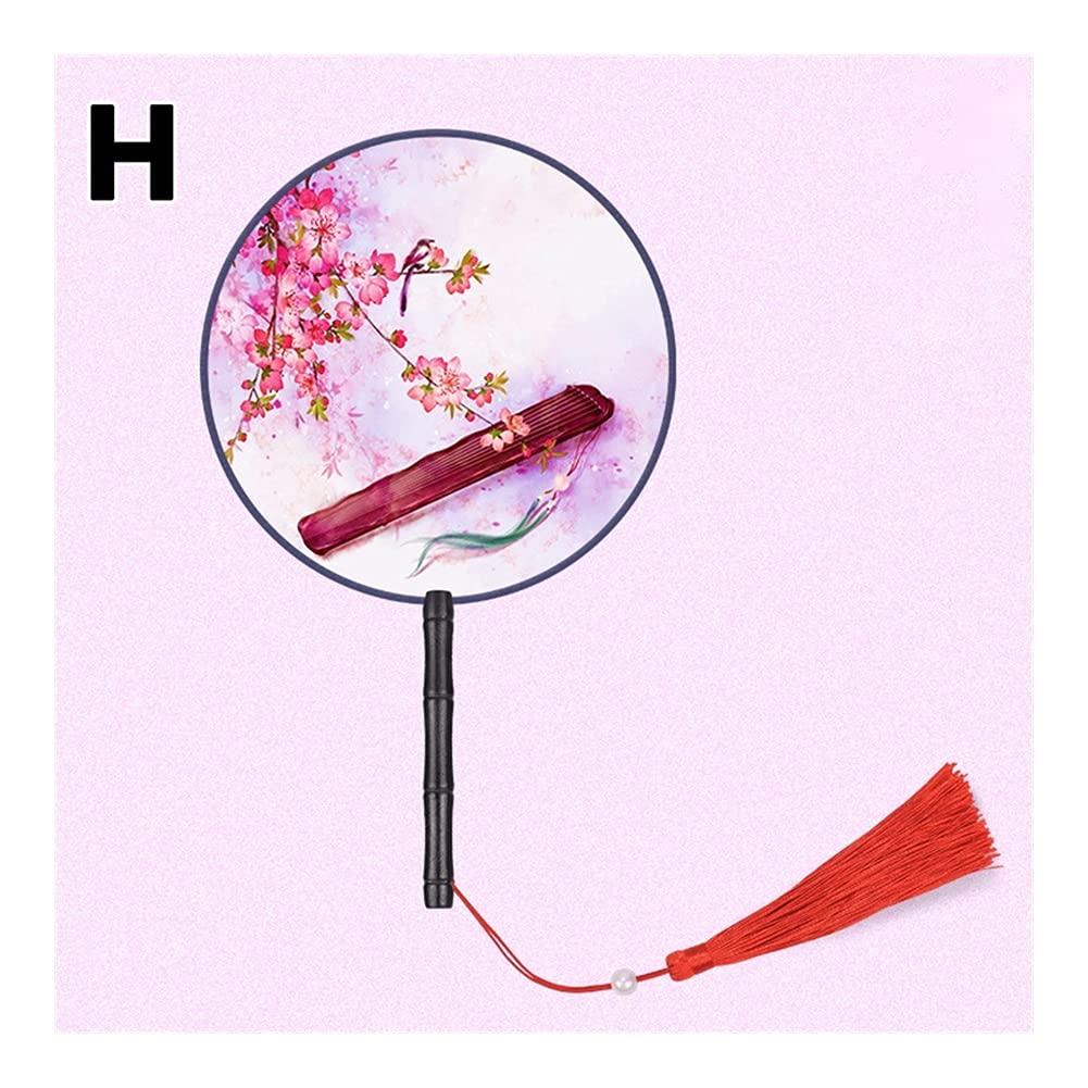 NZPOST Folding fan Chinese Japanese Style Hand Fan with Wooden Handle Portable Handheld Vintage Round Tassel Dance Fan Wedding Favors fan (H)