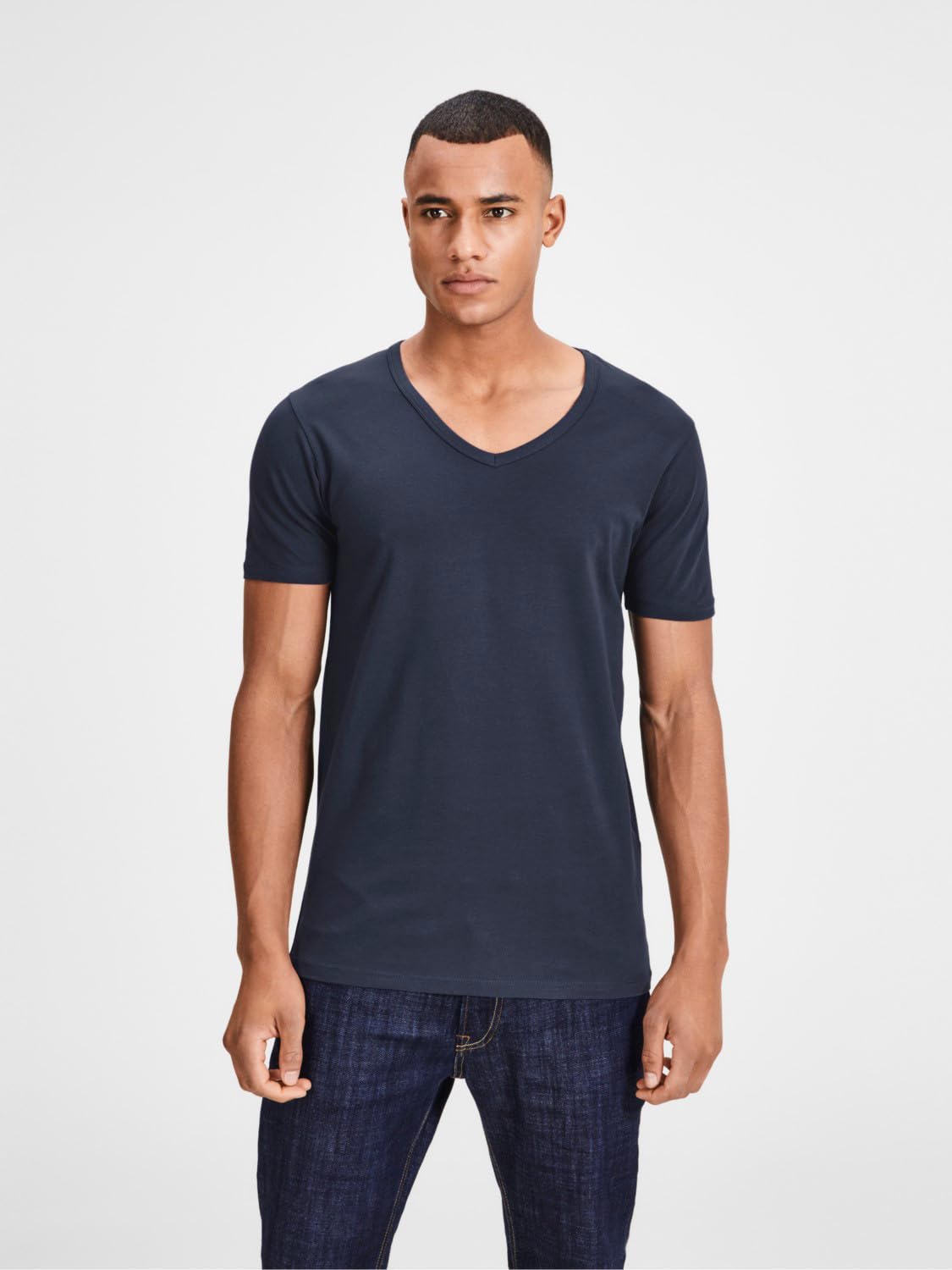 Jack and Jones - Maglietta da uomo basic con scollo a V, confezione da 3, tinta unita, slim fit, in bianco, nero, blu, grigio