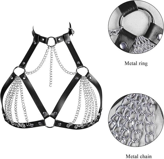 Leather Bra CageStyle Shoulder Strap,Punk Layered Chest Chain,Punk Black Leather Chest Harness Body Waist Chain Belt Rave Nightclub Belly Bra Jewelry Accessor for Halloween Carnival2