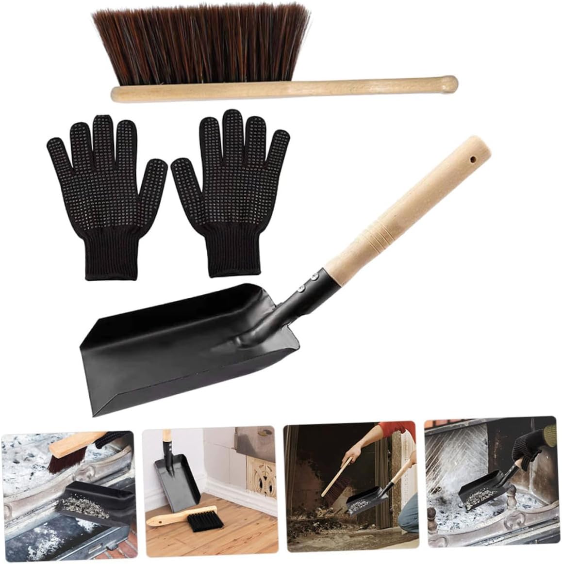 Fire-Resistant Silicone Gloves Fireplace Cleaning Kit with Carbon Steel Shovel and Hard Bristle Brush Wooden Handle Ash Sweeper Set for Stove and Fireplaces Easy Storage Hook