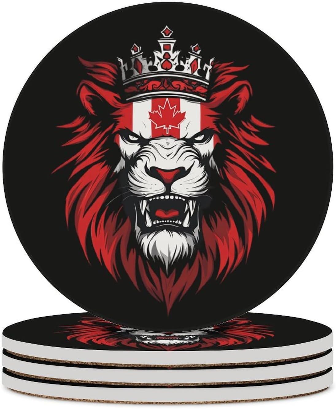 Lion Canada Flag Round Ceramic Coasters for Drinks Absorbent Cup Holder Tabletop Protector with Cork Base