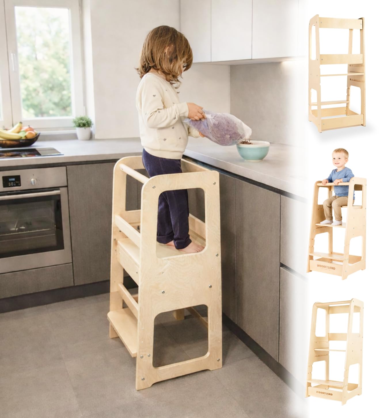 WOODYLAND Torre montessoriana Live, Scala bambini regolabile in altezza, Legno vero 40x39,5x90 cm