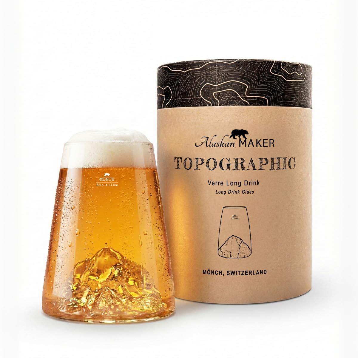 Alaskan MAKER 15.2 oz Long Glass - Hand-blown High-Quality Borosilicate with Mountain Relief | Cocktail, Beer, or Soft TOPOGRAPHIC (Monk) — image 1
