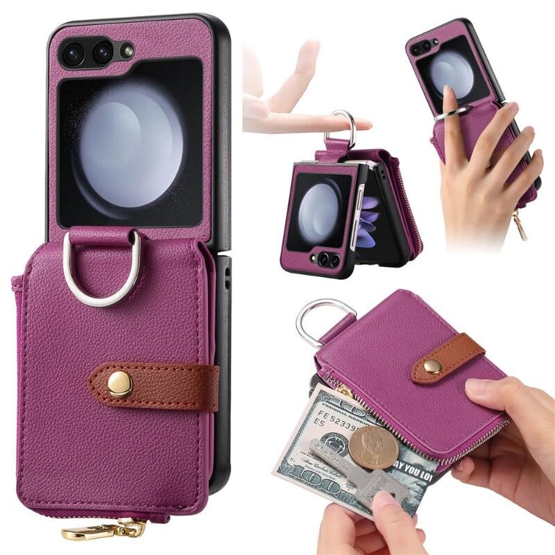 Generic Funda compatible con Samsung Galaxy Z Flip 4 (color: morado) funda de piel con cierre de anillo y tapa trasera dura