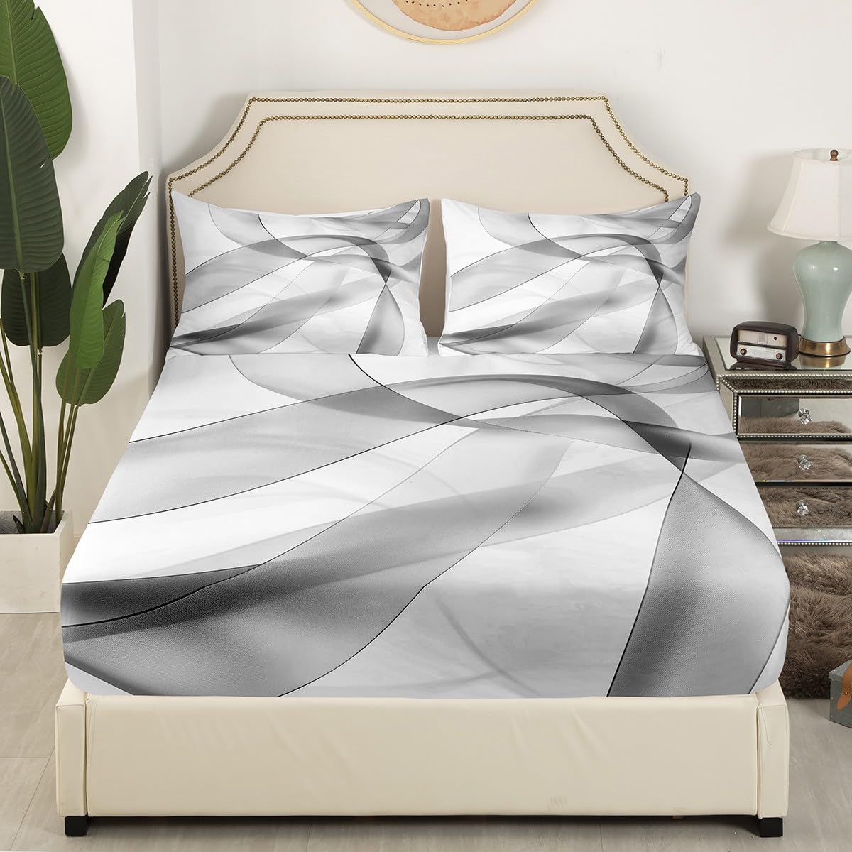 Black Striped Fitted Sheet,Full Size Modern Abstract Wavy Collections Line Art Design Theme,Soft Decorative Fabric Bedding Deep Pocket for Children Teens Young Boys Girls,with 2 Pillowcases