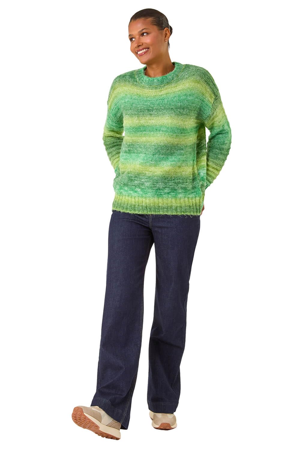 Roman Women's Green Spacedye Stripe Crew Neck Jumper In | : Size 16