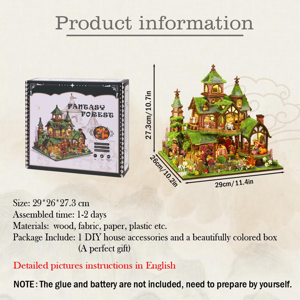 Fantasy Las DIY zestaw do budowania domku dla lalek, domek dla lalek z drewna do montażu, puzzle z meblami i oświetleniem LED, kreatywny prezent dla chłopców i dziewczynek