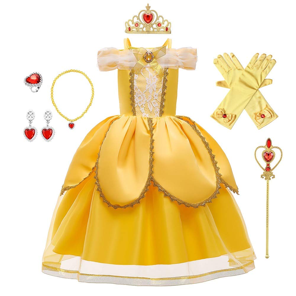 HIHCBFGirls Beauty and The Beast Costume Belle Princess Birthday Party Christmas Halloween Fancy Dress w/Accessories Set