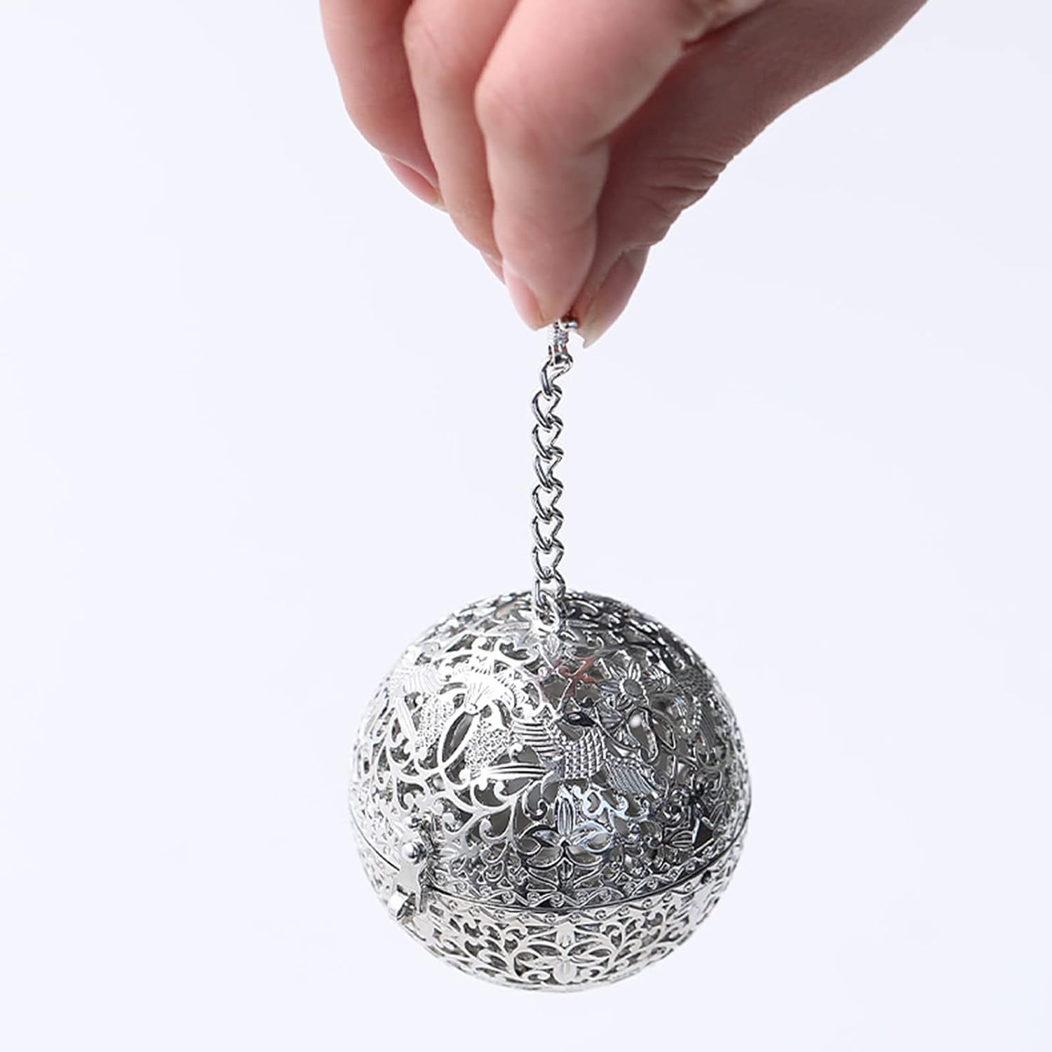 Porta incenso da appendere a forma di sfera, creativo retrò, per aromaterapia, porta incenso a forma di cono, per decorare casa e ufficio, meditazione, cerimonia del tè con Buddha. (argento)