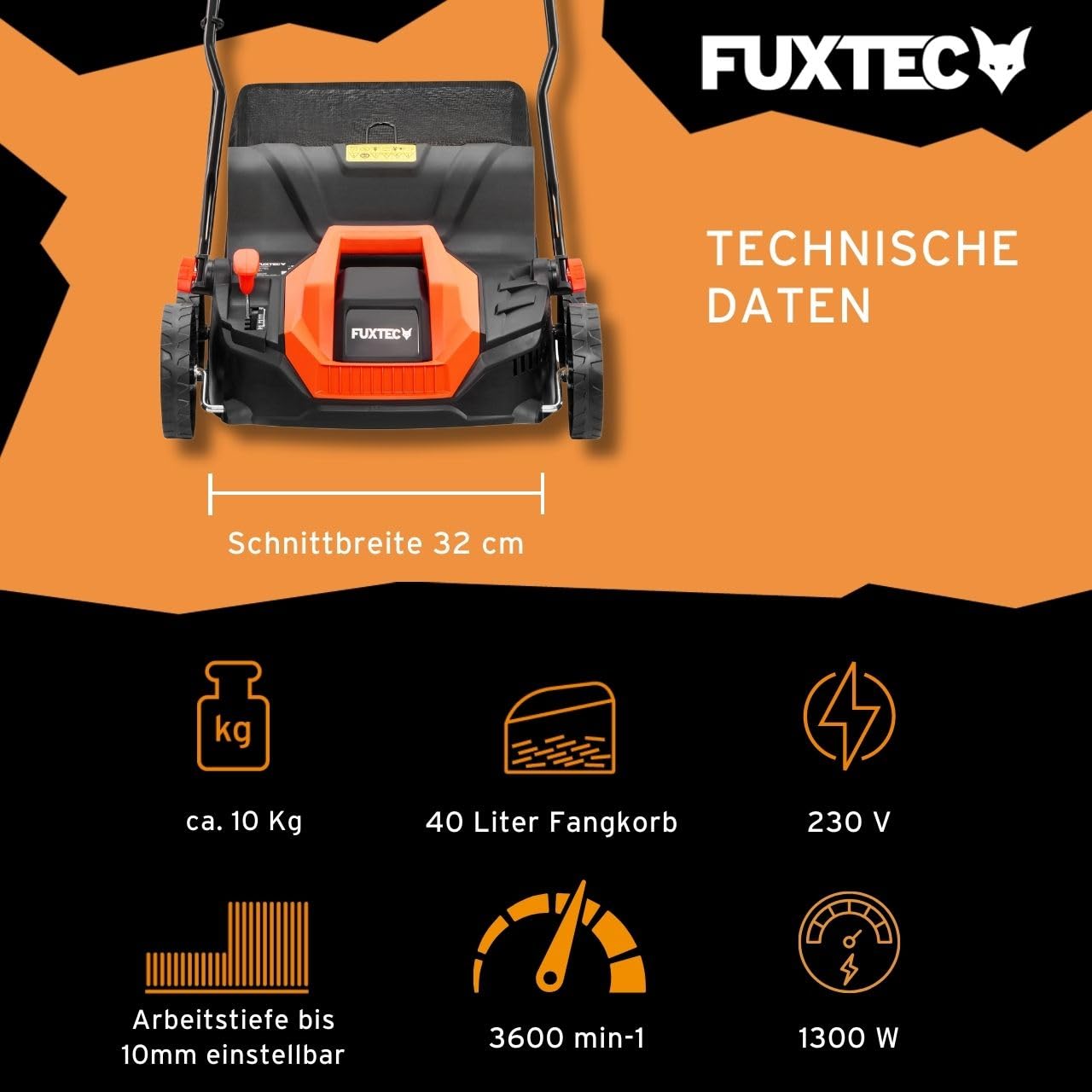 Fuxtec Elektro-Vertikutierer FX-EV320ECO, Rasenlüfter mit 1300 Watt Power, 32 cm Arbeitsbreite und Tiefeneinstellungen von -12 bis +10 mm, 40 L Grasfangkorb