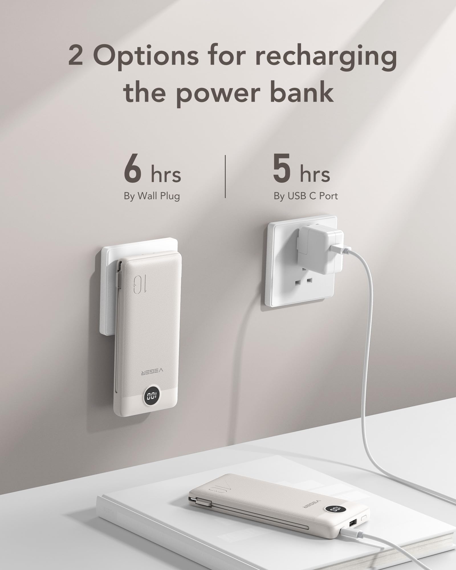 VEGER Portable Charger with Built-in AC Plug and Cables, All in One 10000mAh Ultra Slim Power Bank Travel Essentials, Fast Charging Battery Pack Compatible with iPhone, Samsung, Android (Coffee) - 5